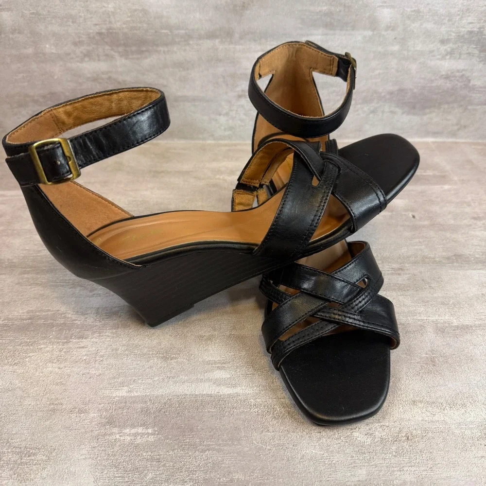 Clarks Womens Black Leather Strappy Wedge Sandals Ankle Strap Size 9.5